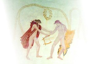 Dispute de la lyre entre Apollon et Hermès. Fresque décorant le Péristyle de la Villa Kérylos.