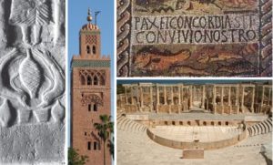 Stèle à inscriptions néopuniques de Maktar, Tunisie / Minaret de la mosquée Koutoubia à Marrakech, Maroc / Mosaïque funéraire de la nécropole occidentale de Tipasa, Algérie